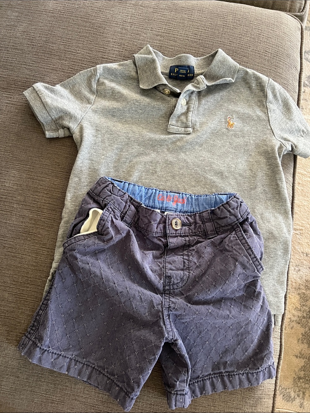 Ralph Lauren Gray Polo with Navy Embroidered-Pattern Shorts - Kids